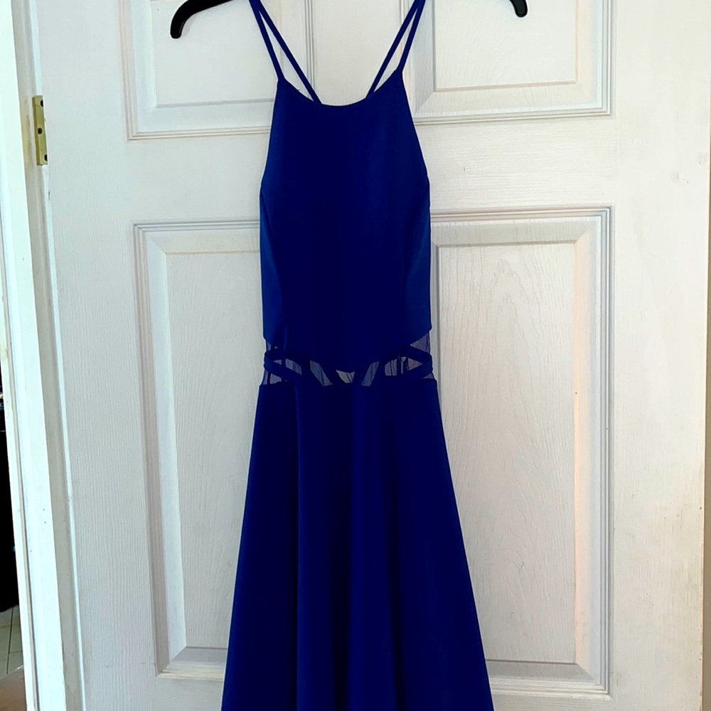 New with tags- royal blue dress with spaghetti straps and mesh cut out at waist